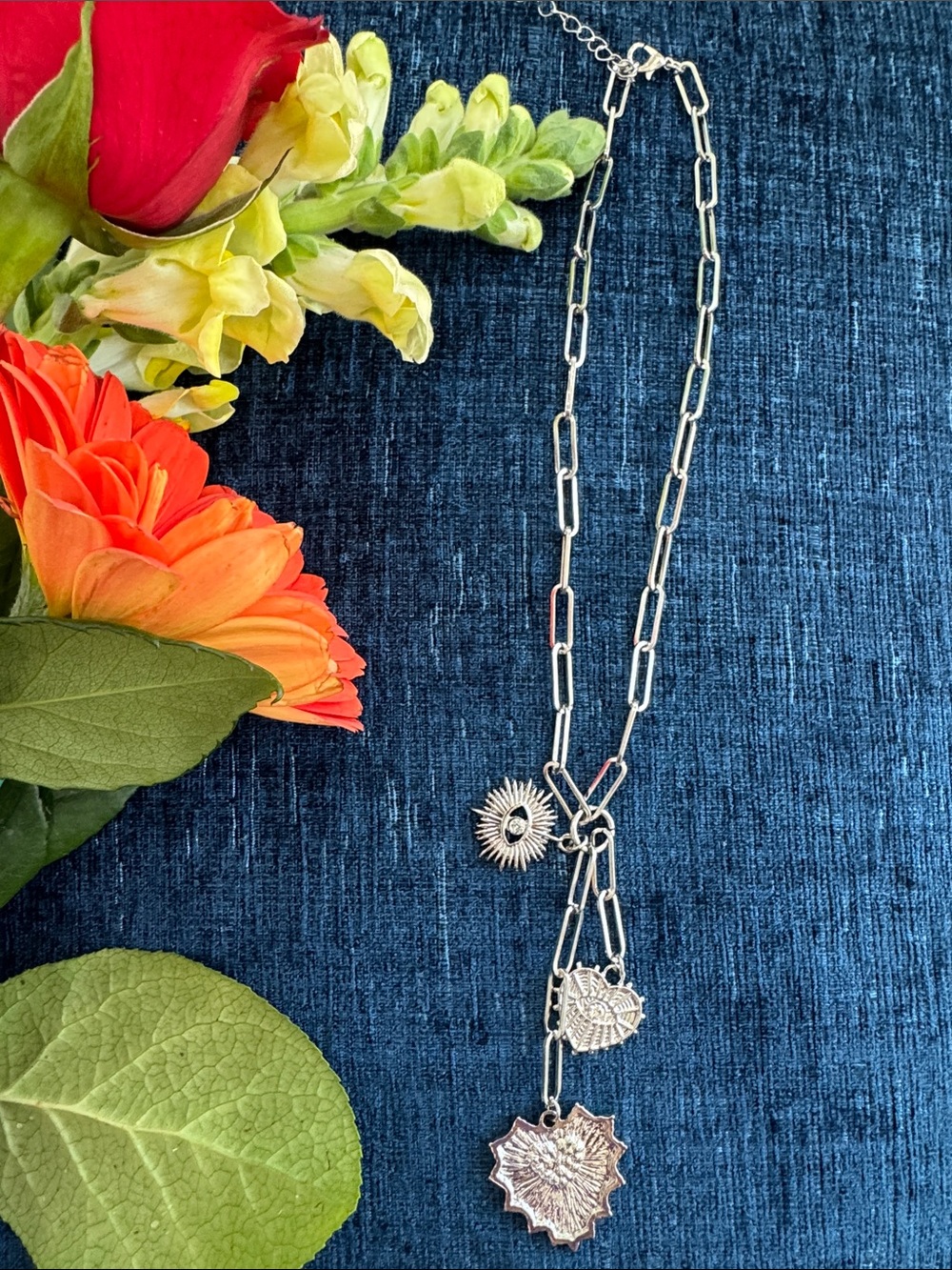 Silver Toned Charm Chunky Pendant Necklace - Sunburst & Leaf Charms